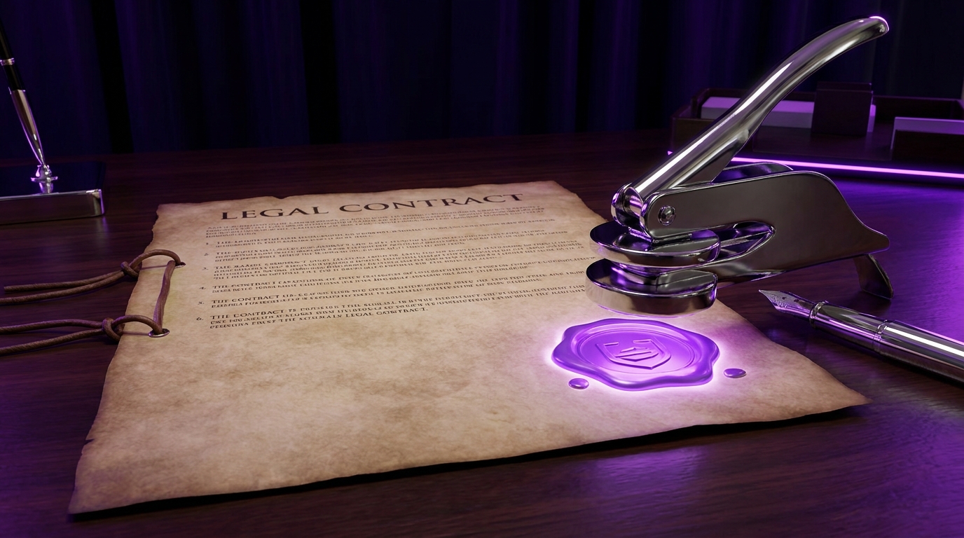 Chrome seal press stamping a purple wax seal onto a contract