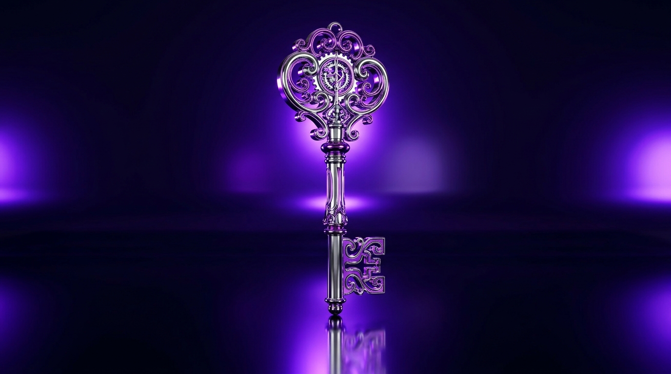 Chrome and purple key sculpture