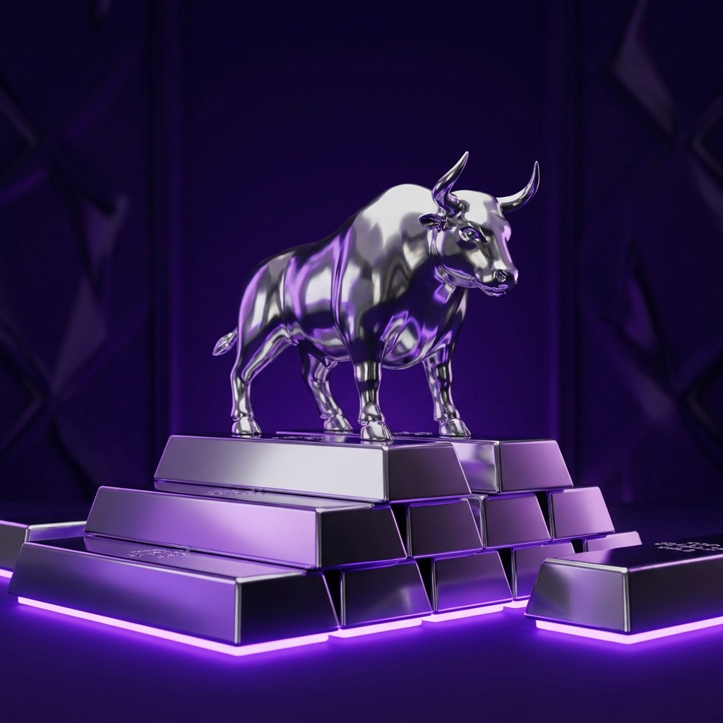 Chrome bull standing on stacked silver and violet bullion